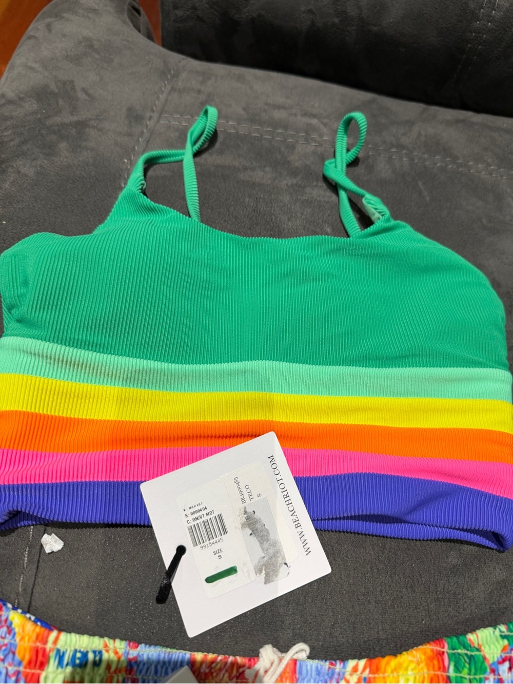 Anthropologie Green Ribbed Crop Top & Multicolor Print Bikini Bottoms - Picture 2 of 7